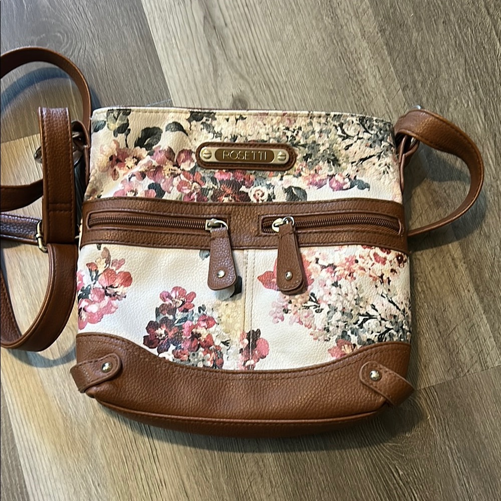 Rosetti Cream and Brown Crossbody Bag with Floral Design